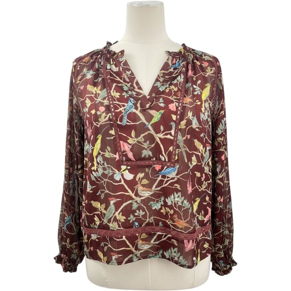 point sur Tops - Point Sur J.Crew Blouse Womens XS Burgundy Bird Print Metallic Lace